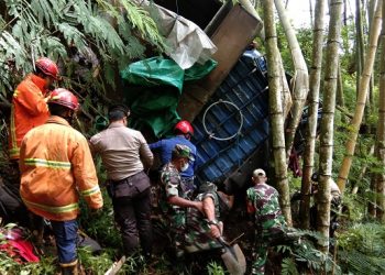 Petugas gabungan mengevakuasi truk dan sopir yang masuk ke jurang di Payung, Batu. Foto: Polres Batu