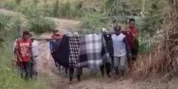 Warga Jombang memikul orang sakit melewati jalan rusak parah. Foto: tangkapan layar video