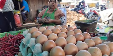 Khoiriatun pedagang sembako di Pasar Basah Trenggalek. Foto: Bacaini/Aby