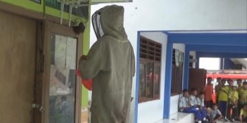 Siswa SMPN 2 Mojoagung melihat proses evakuasi sarang lebah oleh petugas Damkar Jombang. Foto: Bacaini/Syailendra
