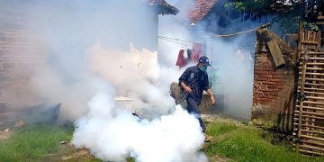 Petugas Dinkes Tulungagung lakukan fogging di rumah warga. Foto: Bacaini/Setiawan