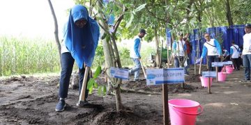 Kepala Dinas PUPR Kota Kediri, Endang Kartikasari menanam pohon di Sumber Dadapan dalam rangka peringatan Hari Air Sedunia. Foto: Ist
