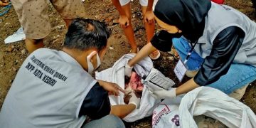Tim monitoring hewan kurban DKPP Kota Kediri memeriksa daging kurban sebelum dibagikan. Foto: Ist