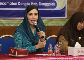 Novita Hardini saat sosialisasi di Kecamatan Dongko. Foto: Ist