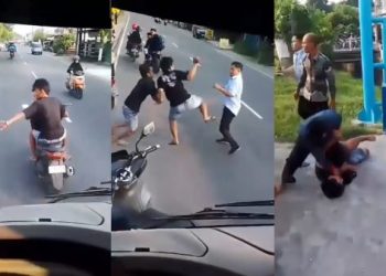 Viral! Aksi Ugal-ugalan Pemotor Hadang Bus Harapan Jaya Malah Dikeroyok Penumpang