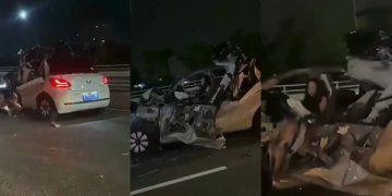 Viral Mobil Listrik Ringsek Tabrak Pembatas Tol Sopir Selamat, Warganet: Amalannya Apa? . (foto: Tangkapan Layar)