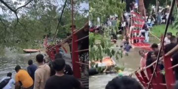 Viral Jembatan Gantung Runtuh Gegara Kebanyakan Wisatawan Selfie. (foto: Tangkapan layar)