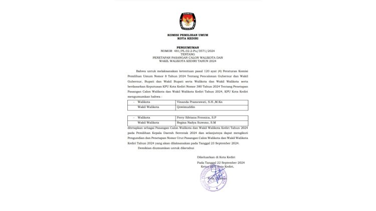 Surat Penetapan Paslon Walikota dan Wakil Walikota Kediri. Foto : Bacaini.ID