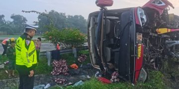 Bus Pariwisata Bawa 36 Penumpang Terguling di Tol Jombang (foto/Bacaini)
