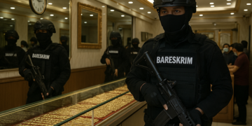 Ilustrasi penggeledahan toko emas oleh Bareskrim. Foto: bacaini/AI