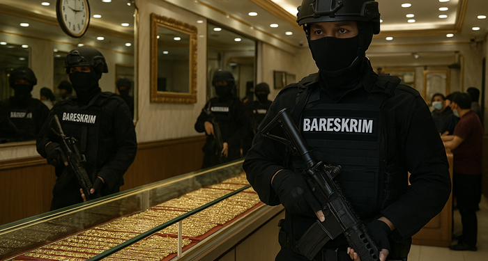 Ilustrasi penggeledahan toko emas oleh Bareskrim. Foto: bacaini/AI
