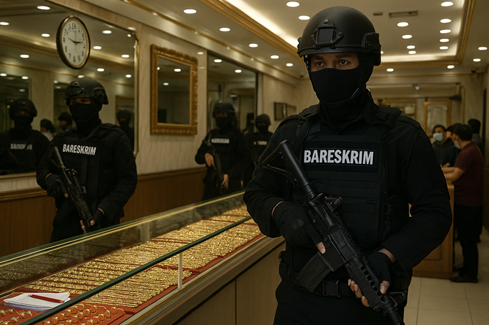 Ilustrasi penggeledahan toko emas oleh Bareskrim. Foto: bacaini/AI