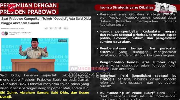 Tangkapan layar isu yang dibahas Prabowo dengan 5 aktivis oposisi.