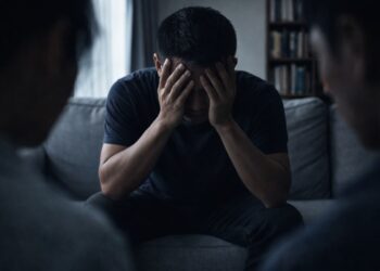 Ilustrasi refleksi diri pria duduk sendiri menggambarkan beban psikologis mendalam