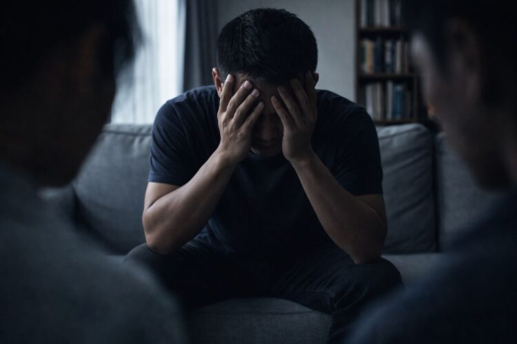 Ilustrasi refleksi diri pria duduk sendiri menggambarkan beban psikologis mendalam