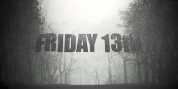 Ilustrasi suasana gelap dengan angka 13 dan tulisan Friday yang merepresentasikan takhayul Friday 13