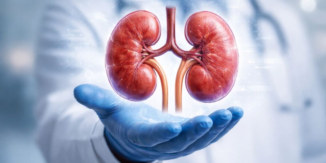 Ilustrasi organ ginjal manusia dengan penjelasan peningkatan penyakit ginjal kronis pada anak dan usia muda