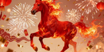 Ilustrasi Tahun Kuda Api Imlek 2577 dengan simbol feng shui dan bisnis