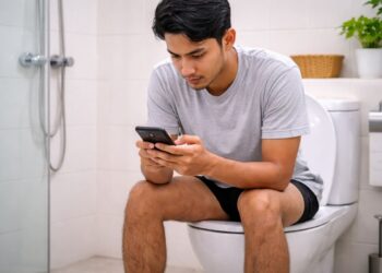 Ilustrasi seseorang bermain smartphone di toilet