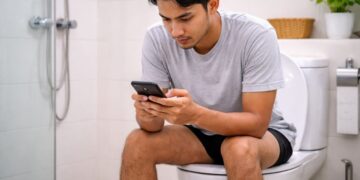 Ilustrasi seseorang bermain smartphone di toilet