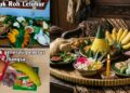 Perbandingan menu MBG Ramadan dengan sajen atau makanan demit khas masyarakat adat Nusantara yang terdiri dari nasi tumpeng, pisang raja, dan kembang setaman