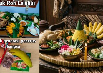 Perbandingan menu MBG Ramadan dengan sajen atau makanan demit khas masyarakat adat Nusantara yang terdiri dari nasi tumpeng, pisang raja, dan kembang setaman