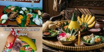 Perbandingan menu MBG Ramadan dengan sajen atau makanan demit khas masyarakat adat Nusantara yang terdiri dari nasi tumpeng, pisang raja, dan kembang setaman