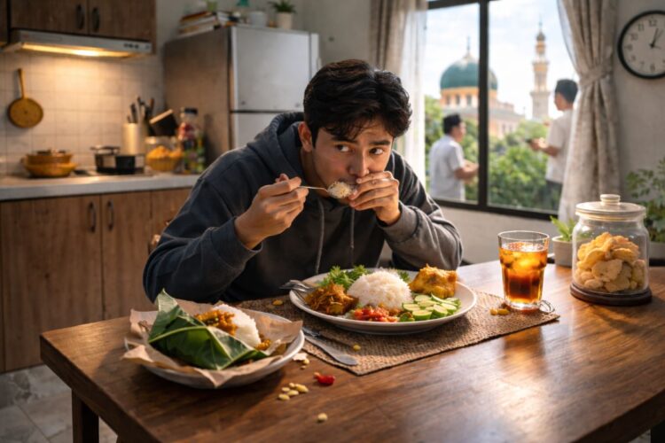 Ilustrasi seseorang makan diam-diam saat puasa Ramadan