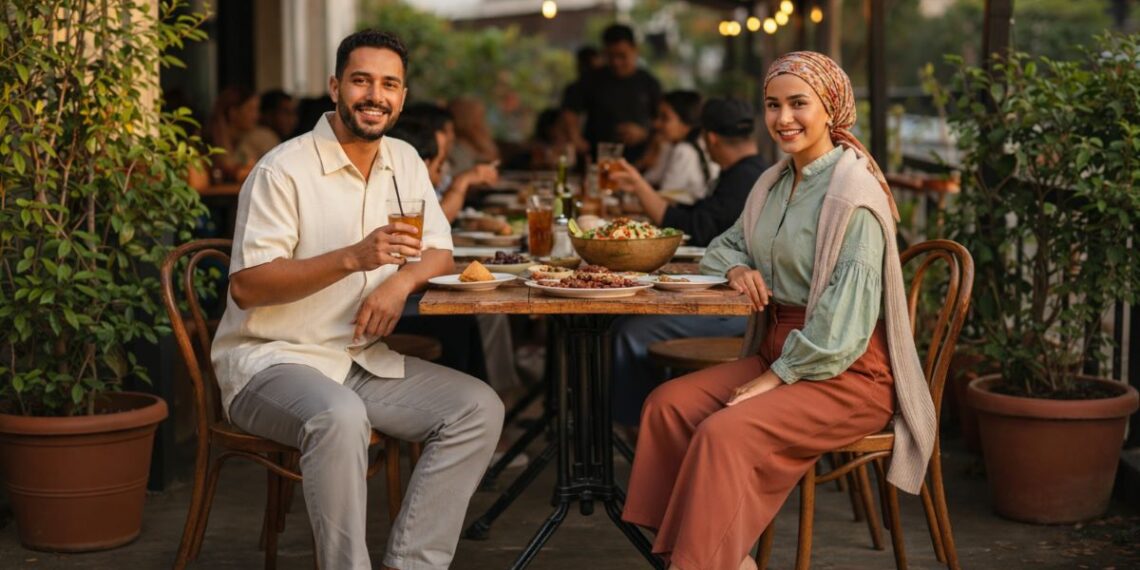 Pasangan tampil stylish dengan outfit bukber semi-formal di hotel mewah bernuansa earth tone