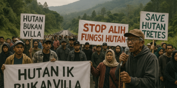 Ilustrasi perlawanan warga di Tretes. Foto: bacaini by AI