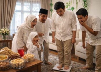 Ilustrasi seseorang menimbang berat badan setelah Lebaran untuk mengecek kenaikan berat badan