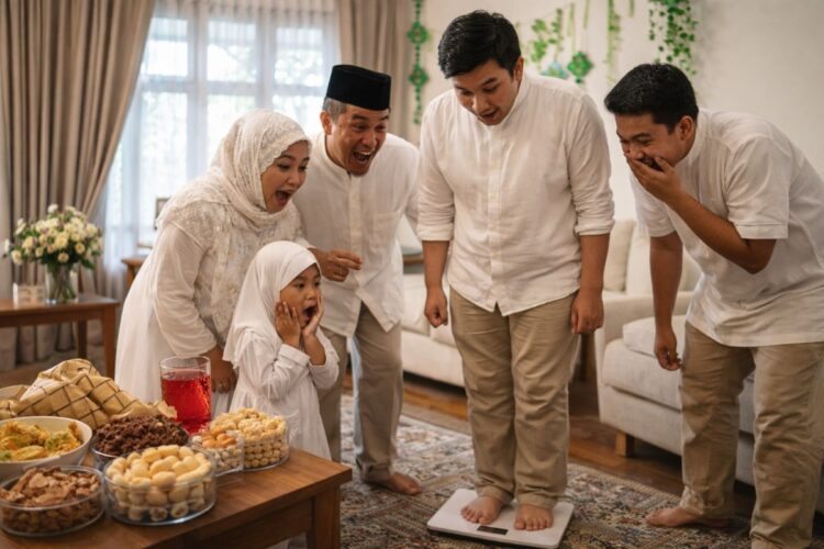 Ilustrasi seseorang menimbang berat badan setelah Lebaran untuk mengecek kenaikan berat badan