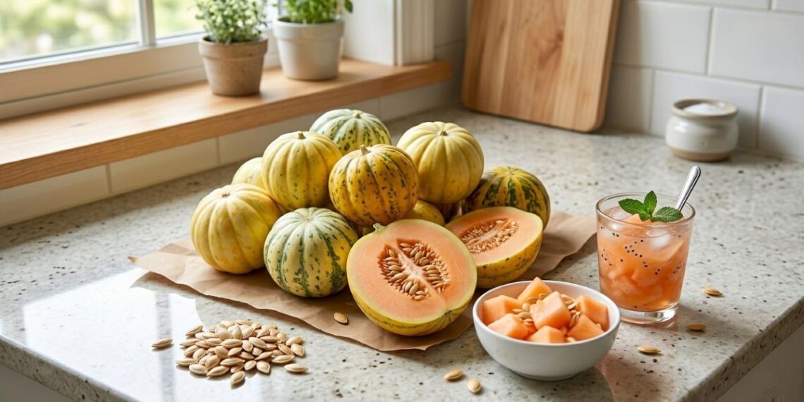 Buah blewah segar berwarna jingga dengan serutan daging buah dalam mangkuk, kaya air dan vitamin, cocok untuk berbuka puasa