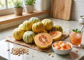 Buah blewah segar berwarna jingga dengan serutan daging buah dalam mangkuk, kaya air dan vitamin, cocok untuk berbuka puasa