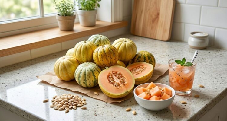 Buah blewah segar berwarna jingga dengan serutan daging buah dalam mangkuk, kaya air dan vitamin, cocok untuk berbuka puasa