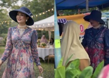 Bunda Harum mengenakan topi lebar dan kalung mutiara bergaya vintage saat kegiatan sosial