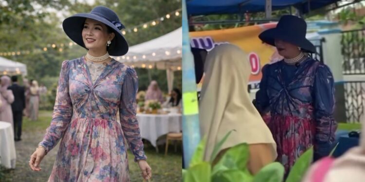Bunda Harum mengenakan topi lebar dan kalung mutiara bergaya vintage saat kegiatan sosial