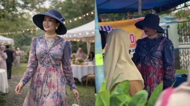 Bunda Harum mengenakan topi lebar dan kalung mutiara bergaya vintage saat kegiatan sosial