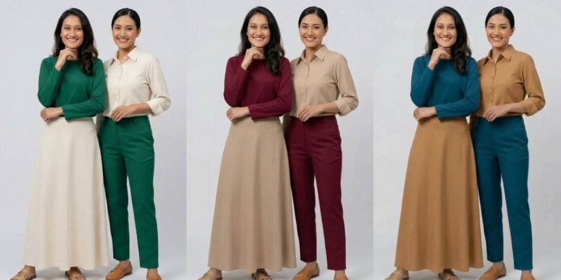 wanita dengan kulit sawo matang mengenakan outfit emerald dan cream