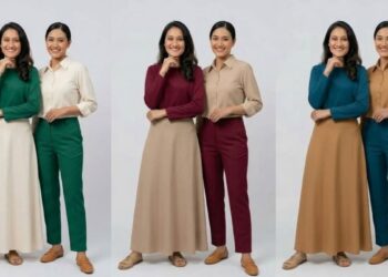 wanita dengan kulit sawo matang mengenakan outfit emerald dan cream