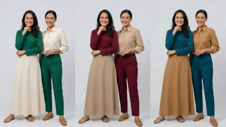 wanita dengan kulit sawo matang mengenakan outfit emerald dan cream