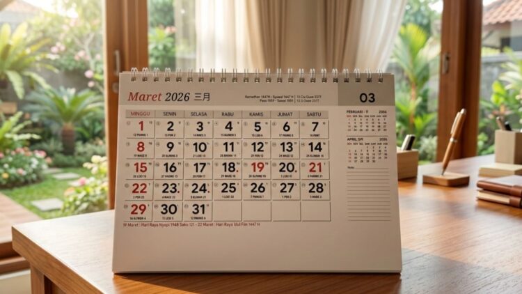 Kalender Maret 2026 menampilkan jadwal libur sekolah Lebaran mulai 16–27 Maret, termasuk libur nasional Hari Suci Nyepi dan Idul Fitri serta rangkaian cuti bersama