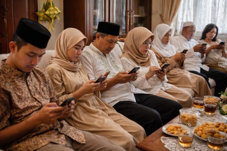 keluarga lebaran sibuk main hp