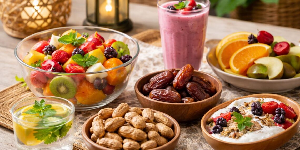 Takjil sehat berupa buah segar, kurma, dan smoothie untuk penderita kolesterol tinggi saat berbuka puasa