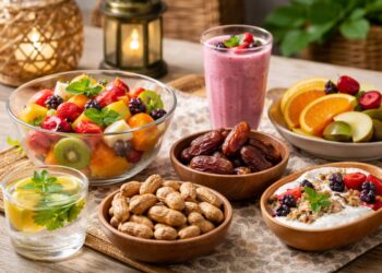 Takjil sehat berupa buah segar, kurma, dan smoothie untuk penderita kolesterol tinggi saat berbuka puasa