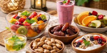 Takjil sehat berupa buah segar, kurma, dan smoothie untuk penderita kolesterol tinggi saat berbuka puasa