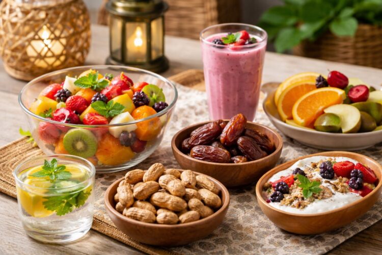 Takjil sehat berupa buah segar, kurma, dan smoothie untuk penderita kolesterol tinggi saat berbuka puasa