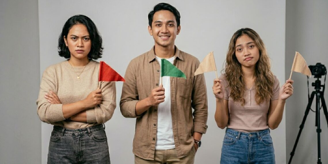 Ilustrasi simbol bendera merah, hijau, beige, dan hitam sebagai tanda hubungan ala Gen Z