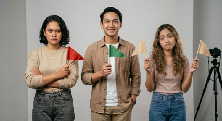 Ilustrasi simbol bendera merah, hijau, beige, dan hitam sebagai tanda hubungan ala Gen Z