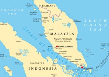 Peta Selat Malaka yang menunjukkan jalur pelayaran strategis dunia, menghubungkan perdagangan internasional dan menjadi sorotan rivalitas Amerika Serikat dan China